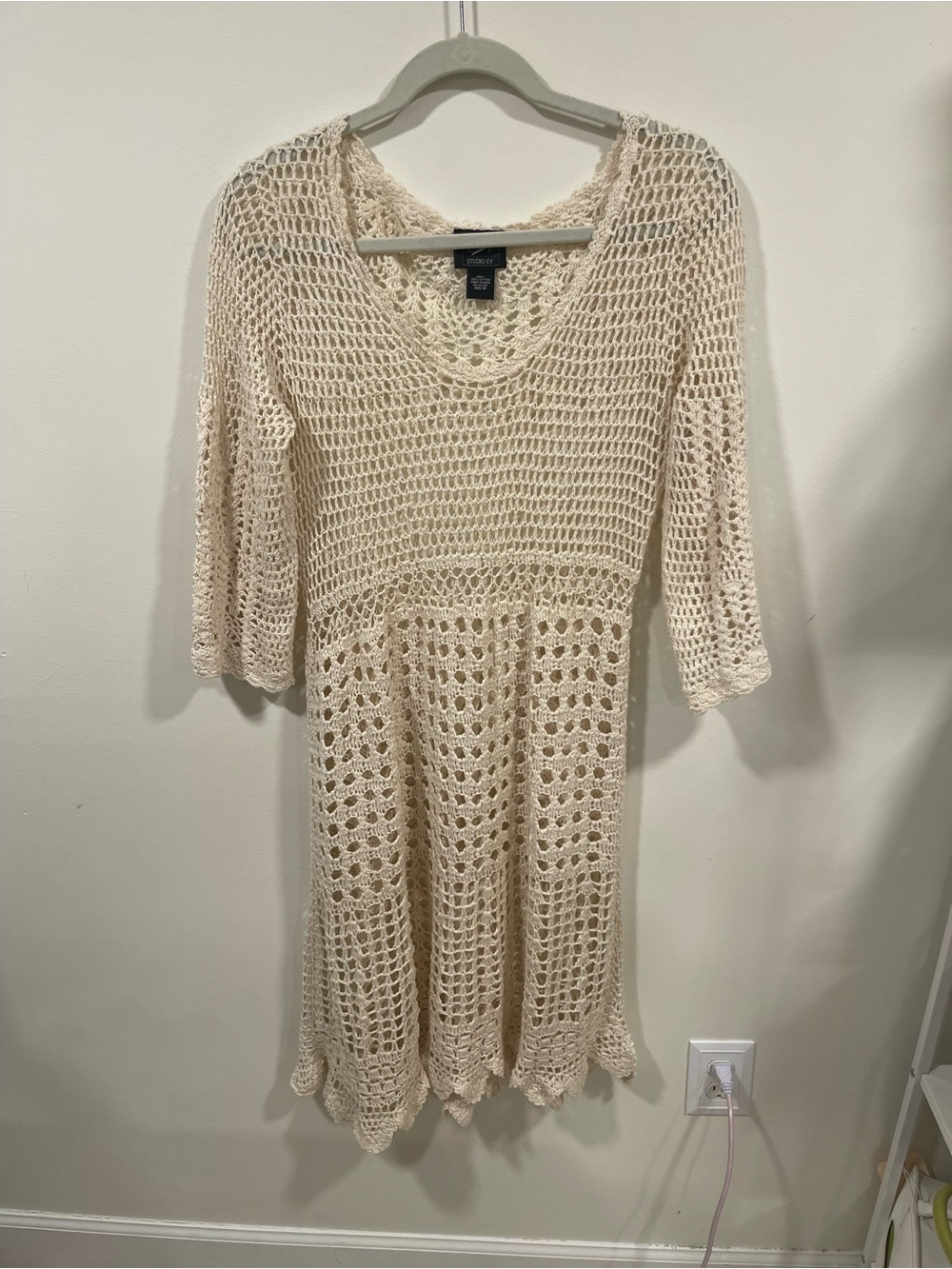 Studio Y Open-Knit Crochet Midi Dress in Cream